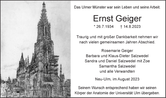 Traueranzeige von Ernst Geiger von SÜDWEST PRESSE Ausgabe Ulm/Neu-Ulm