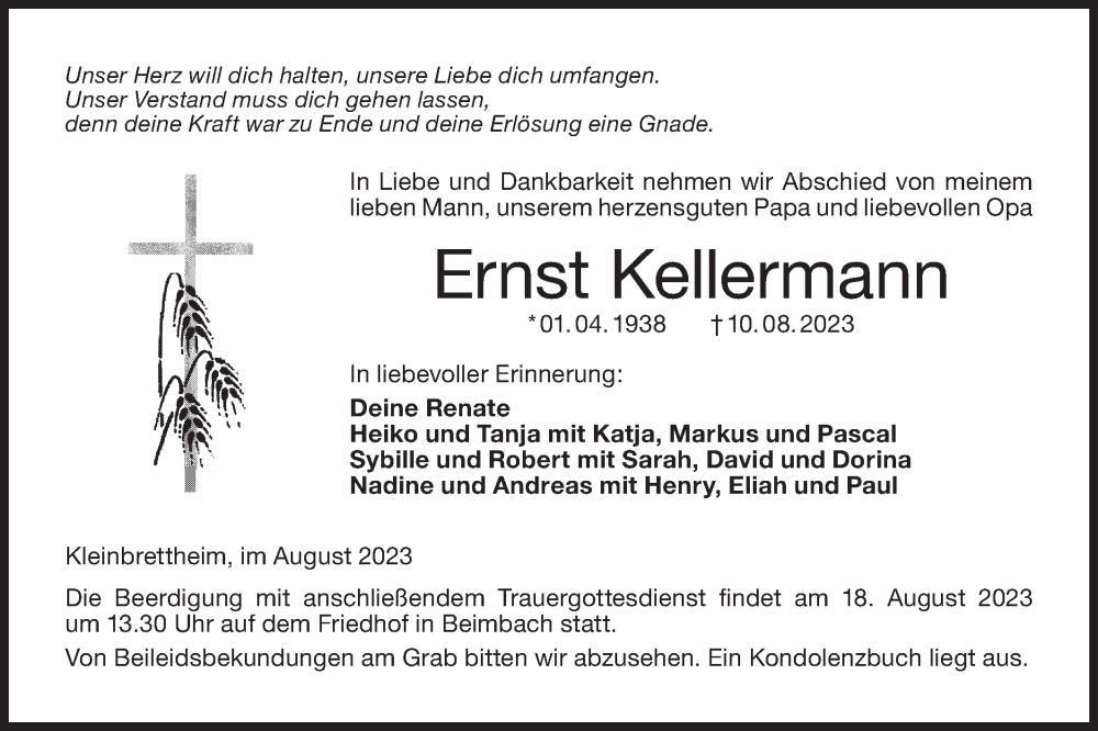  Traueranzeige für Ernst Kellermann vom 16.08.2023 aus Hohenloher Tagblatt