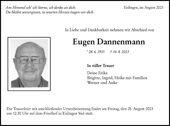 Traueranzeige von Eugen Dannenmann von NWZ Neue Württembergische Zeitung