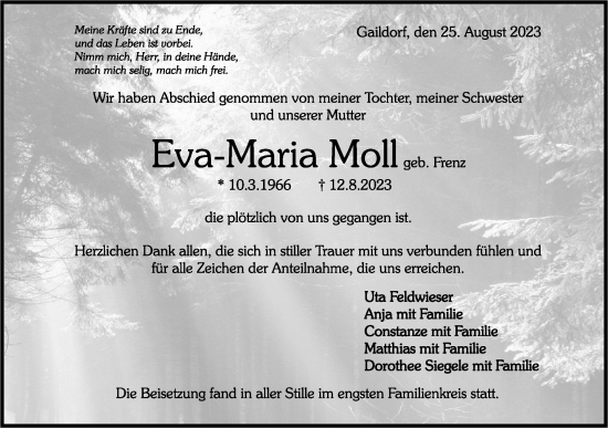 Traueranzeige von Eva-Maria Moll von Rundschau Gaildorf