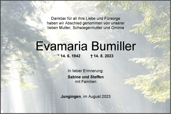 Traueranzeige von Evamaria Bumiller von Hohenzollerische Zeitung