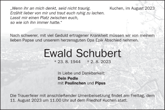 Traueranzeige von Ewald Schubert von Geislinger Zeitung