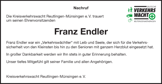 Traueranzeige von Franz Endler von Alb-Bote