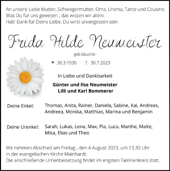 Traueranzeige von Frida Hilde Neumeister von Haller Tagblatt