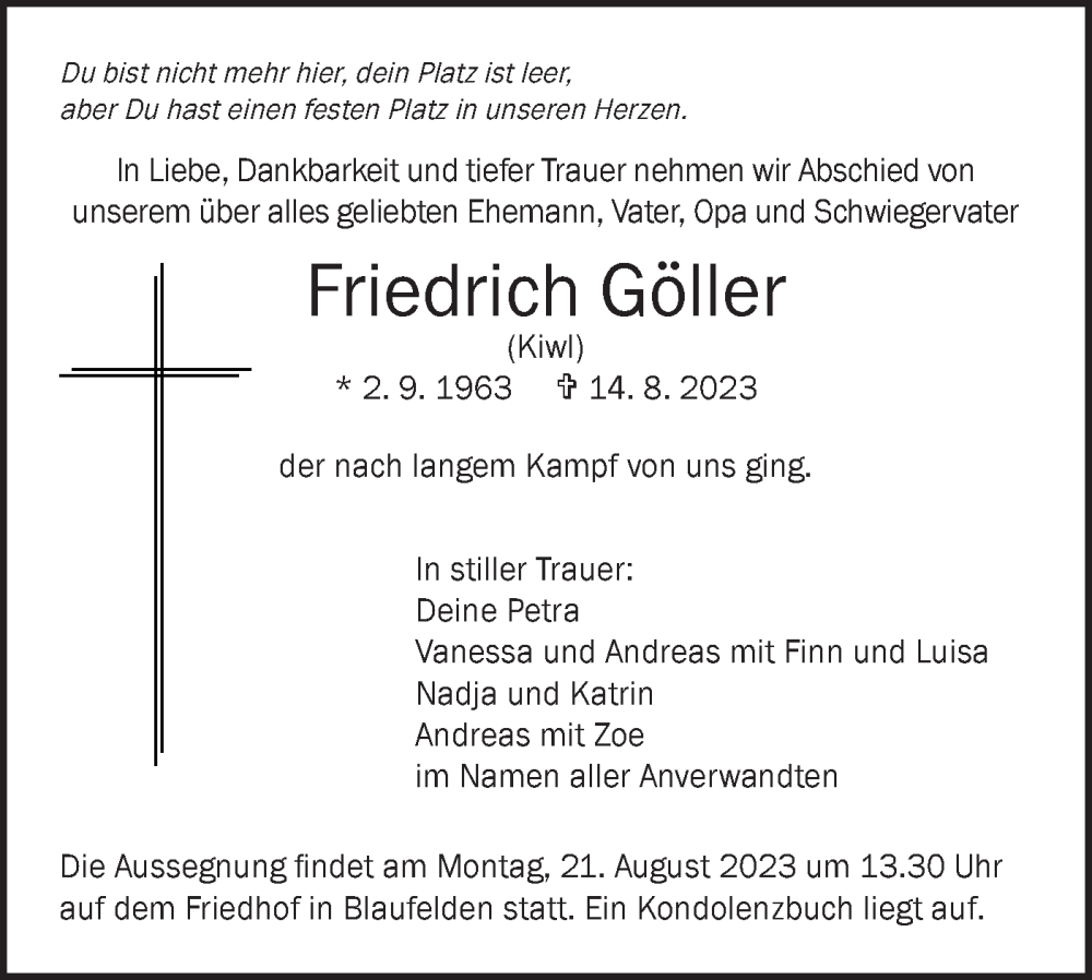  Traueranzeige für Friedrich Göller vom 19.08.2023 aus Hohenloher Tagblatt