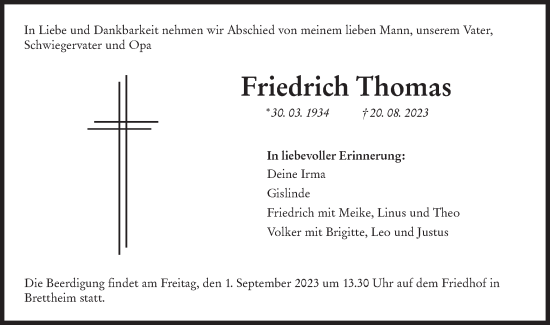 Traueranzeige von Friedrich Thomas von Hohenloher Tagblatt