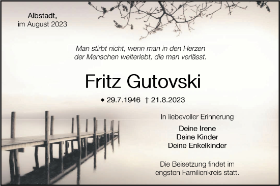 Traueranzeige von Fritz Gutovski von Hohenzollerische Zeitung