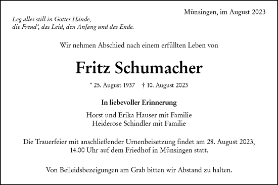 Traueranzeige von Fritz Schumacher von Alb-Bote/Metzinger-Uracher Volksblatt