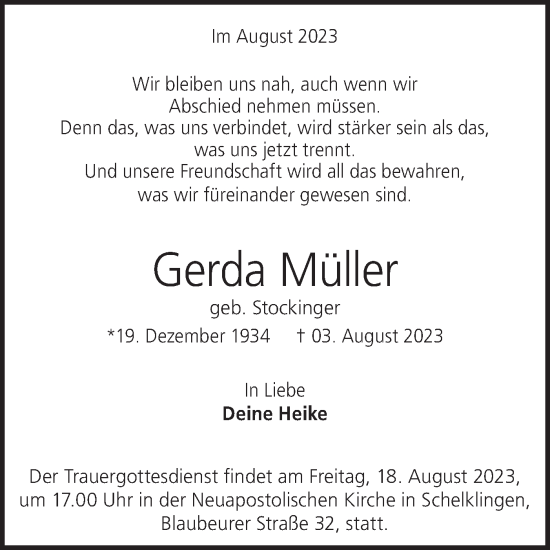 Traueranzeigen von Gerda Müller | Südwest Presse Trauer