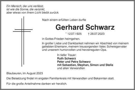 Traueranzeige von Gerhard Schwarz von SÜDWEST PRESSE Ausgabe Ulm/Neu-Ulm