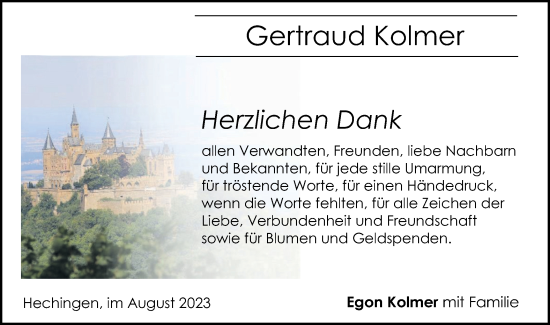 Traueranzeige von Gertraud Kolmer von Hohenzollerische Zeitung