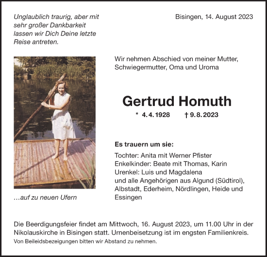 Traueranzeige von Gertrud Homuth von Hohenzollerische Zeitung