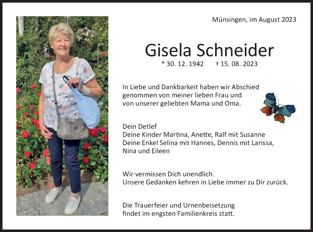  Traueranzeige für Gisela Schneider vom 17.08.2023 aus Alb-Bote/Metzinger-Uracher Volksblatt