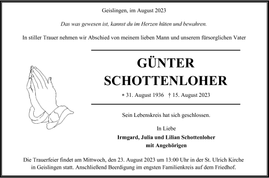 Traueranzeige von Günter Schottenloher von Hohenzollerische Zeitung