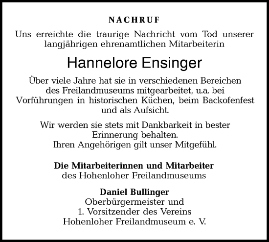 Traueranzeige von Hannelore Ensinger von Haller Tagblatt