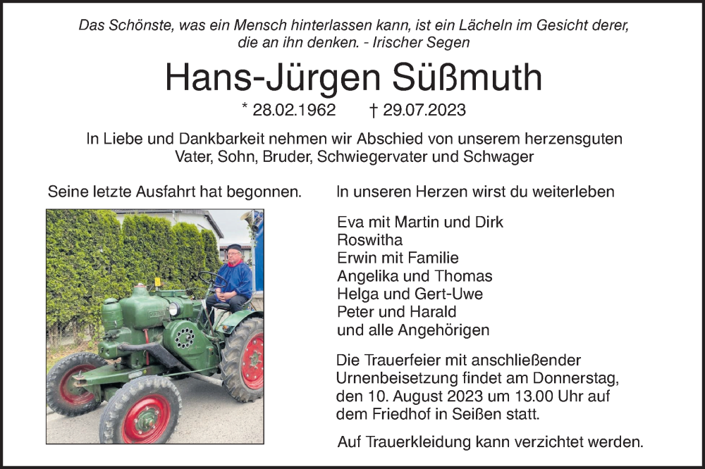  Traueranzeige für Hans-Jürgen Süßmuth vom 07.08.2023 aus SÜDWEST PRESSE Ausgabe Ulm/Neu-Ulm