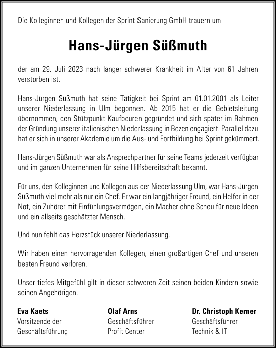 Traueranzeige von Hans-Jürgen Süßmuth von SÜDWEST PRESSE Teilausgabe D