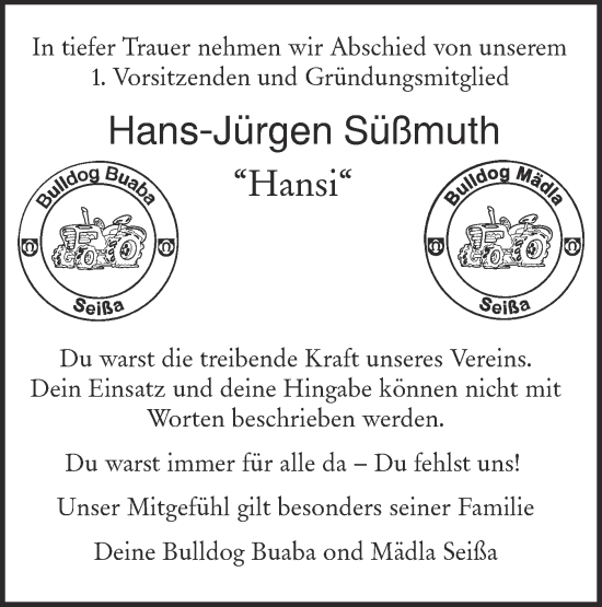 Traueranzeige von Hans-Jürgen Süßmuth von Das Blaumännle