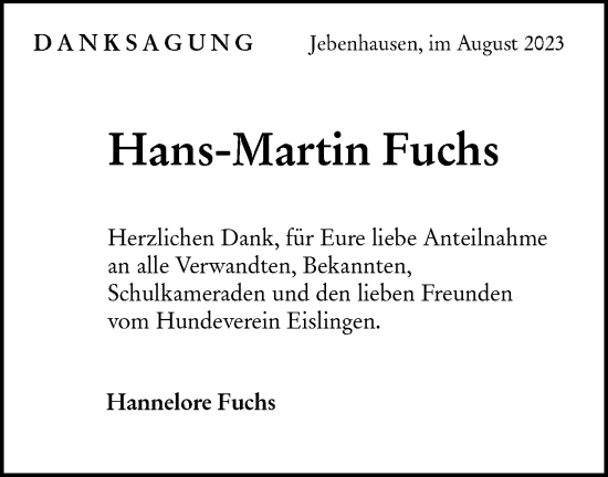 Traueranzeige von Hans-Martin Fuchs von NWZ Neue Württembergische Zeitung