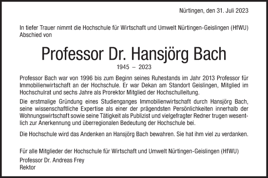 Traueranzeige von Hansjörg Bach von Geislinger Zeitung