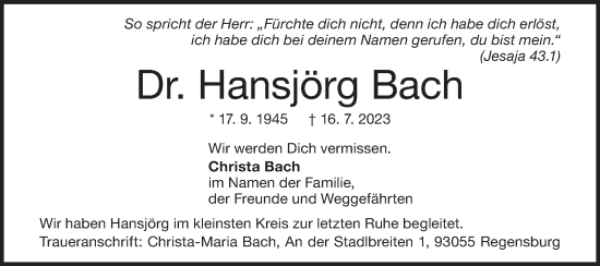 Traueranzeige von Hansjörg Bach von Geislinger Zeitung