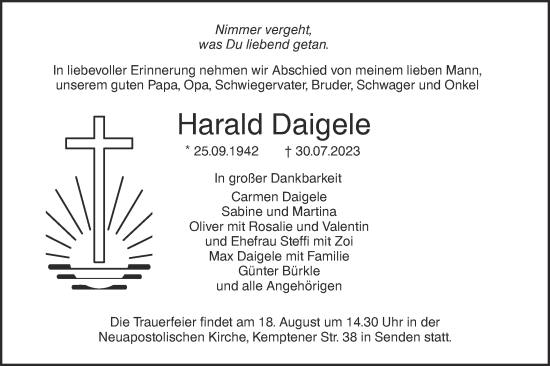 Traueranzeige von Harald Daigele von SÜDWEST PRESSE Ausgabe Ulm/Neu-Ulm