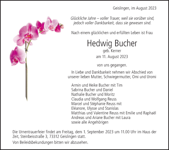 Traueranzeige von Hedwig Bucher von Geislinger Zeitung