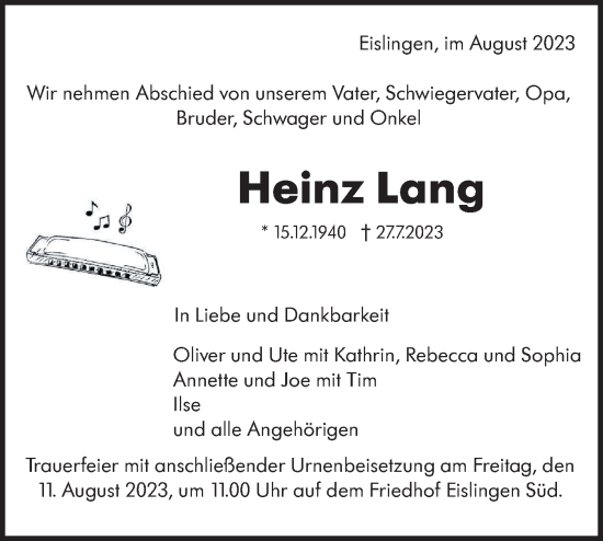 Traueranzeige von Heinz Lang von NWZ Neue Württembergische Zeitung