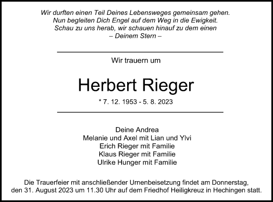 Traueranzeige von Herbert Rieger von Hohenzollerische Zeitung