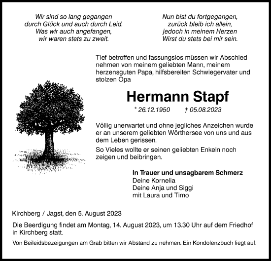 Traueranzeige von Hermann Stapf von Haller Tagblatt