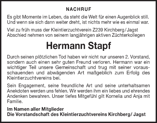 Traueranzeige von Hermann Stapf von Hohenloher Tagblatt