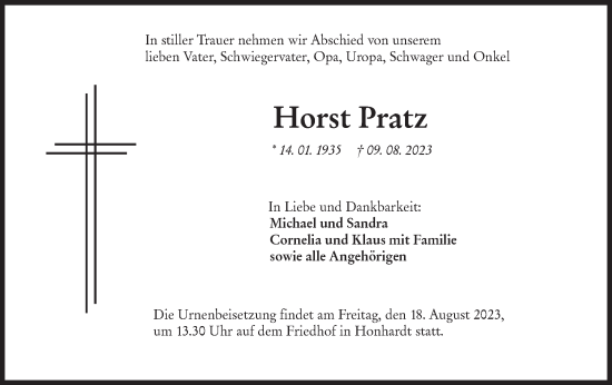 Traueranzeige von Horst Pratz von Hohenloher Tagblatt