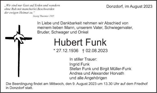 Traueranzeige von Hubert Funk von NWZ Neue Württembergische Zeitung