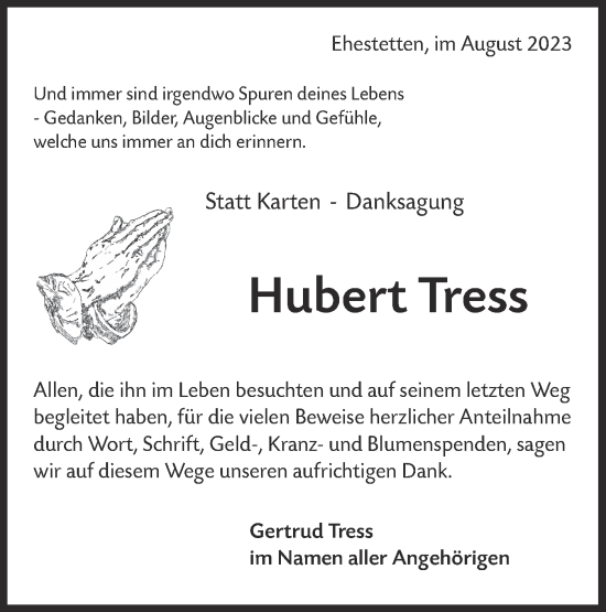 Traueranzeige von Hubert Tress von Alb-Bote/Metzinger-Uracher Volksblatt