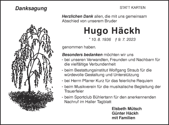 Traueranzeige von Hugo Häckh von Haller Tagblatt