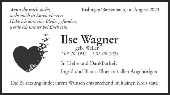 Traueranzeige von Ilse Wagner von NWZ Neue Württembergische Zeitung