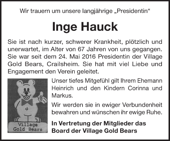 Traueranzeige von Inge Hauck von Hohenloher Tagblatt