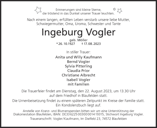 Traueranzeige von Ingeburg Vogler von Hohenloher Tagblatt