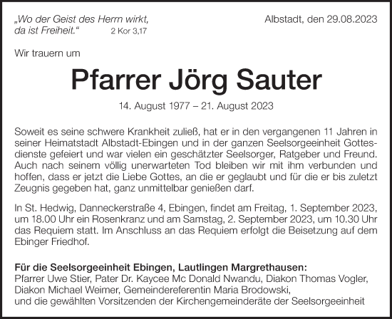 Traueranzeige von Jörg Sauter von SÜDWEST PRESSE