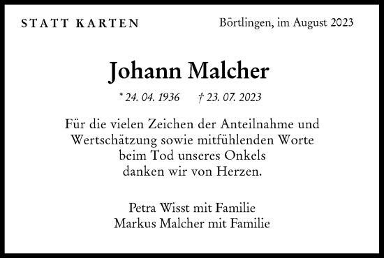 Traueranzeige von Johann Malcher von NWZ Neue Württembergische Zeitung/Geislinger Zeitung