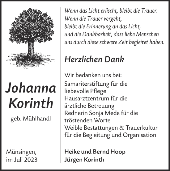 Traueranzeige von Johanna Korinth von Alb-Bote/Metzinger-Uracher Volksblatt