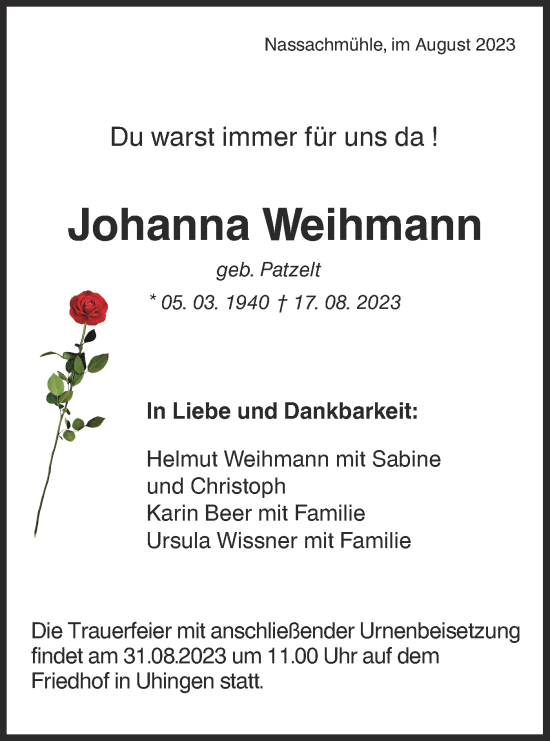 Traueranzeige von Johanna Weihmann von NWZ Neue Württembergische Zeitung