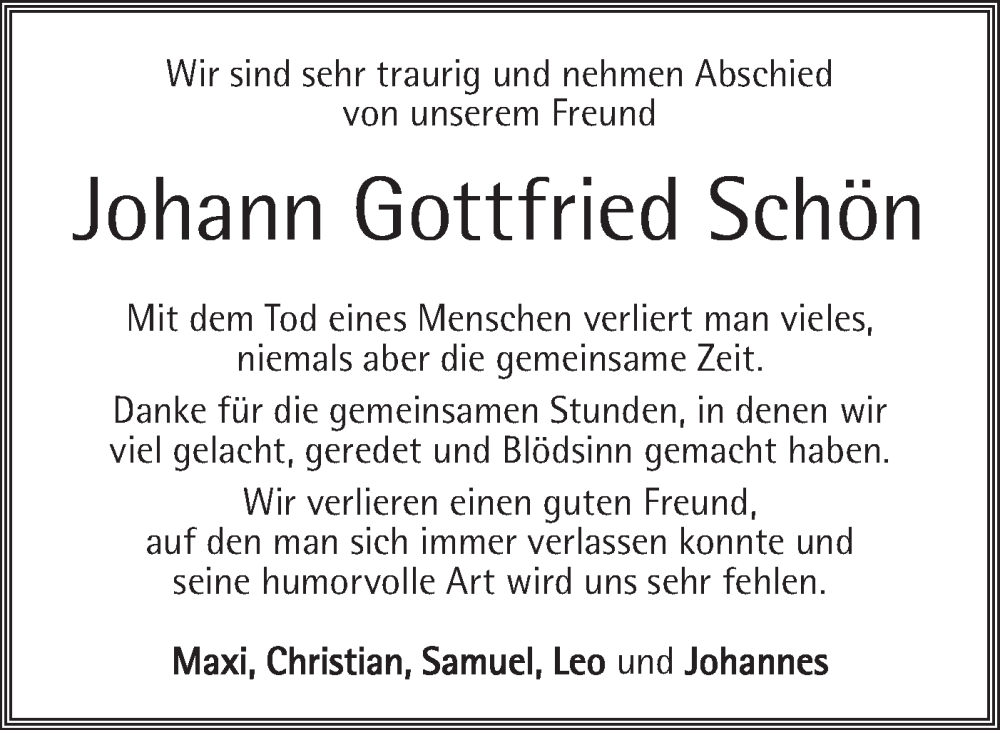  Traueranzeige für Johann Gottfried Schön vom 08.08.2023 aus Geislinger Zeitung