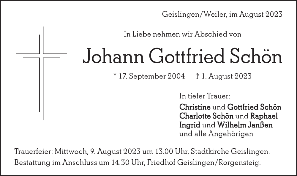  Traueranzeige für Johann Gottfried Schön vom 04.08.2023 aus Geislinger Zeitung