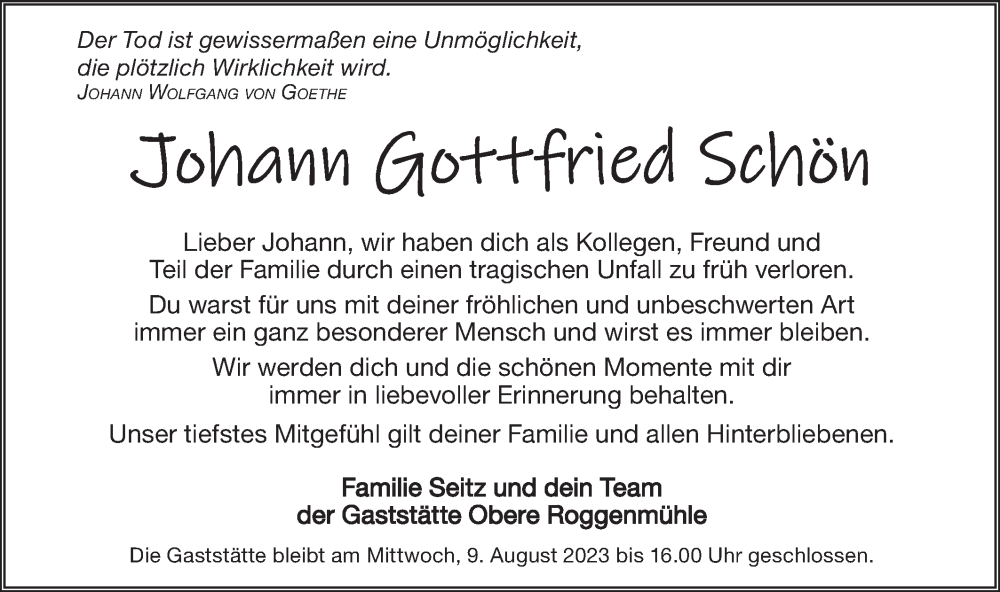  Traueranzeige für Johann Gottfried Schön vom 04.08.2023 aus Geislinger Zeitung