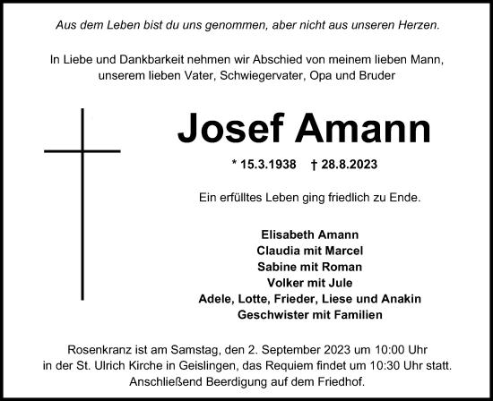 Traueranzeige von Josef Amann von Hohenzollerische Zeitung