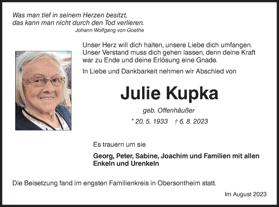 Traueranzeige von Julie Kupka von Haller Tagblatt