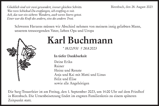 Traueranzeige von Karl Buchmann von NWZ Neue Württembergische Zeitung