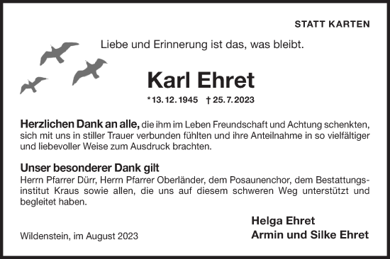 Traueranzeige von Karl Ehret von Hohenloher Tagblatt