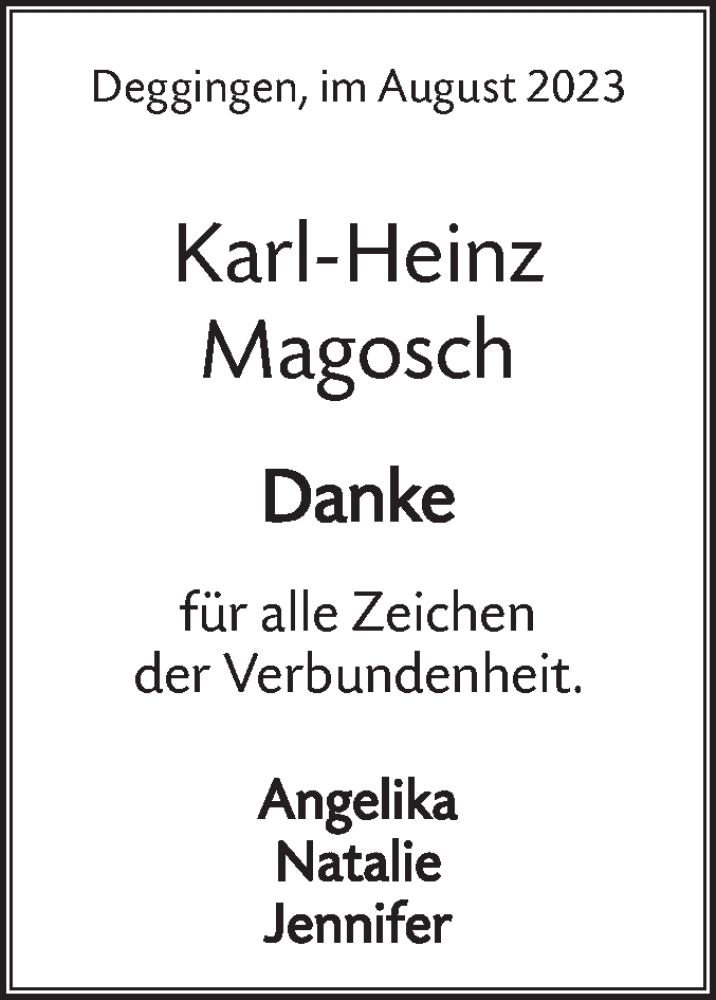  Traueranzeige für Karl-Heinz Magosch vom 11.08.2023 aus Geislinger Zeitung